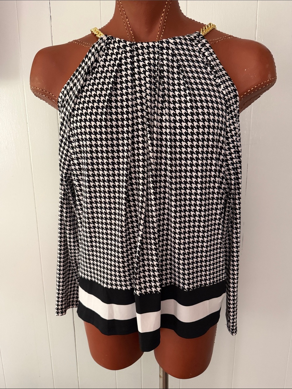 Michael Kors Black & White Houndstooth Halter Tank with Gold Chain